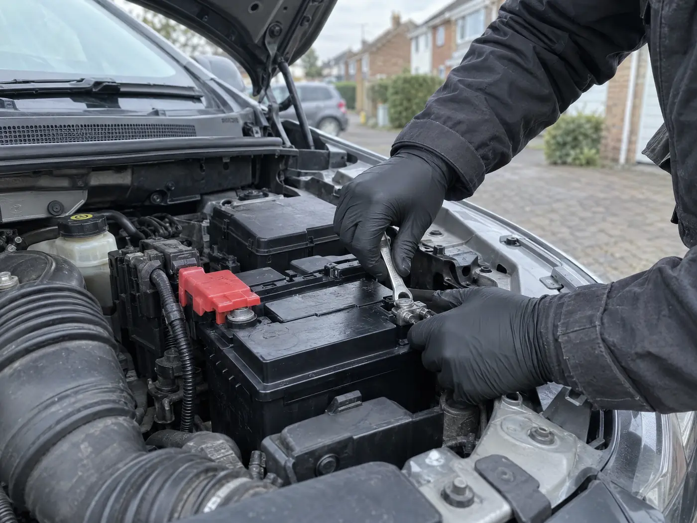 Mechanic fitting a new car battery on a driveway