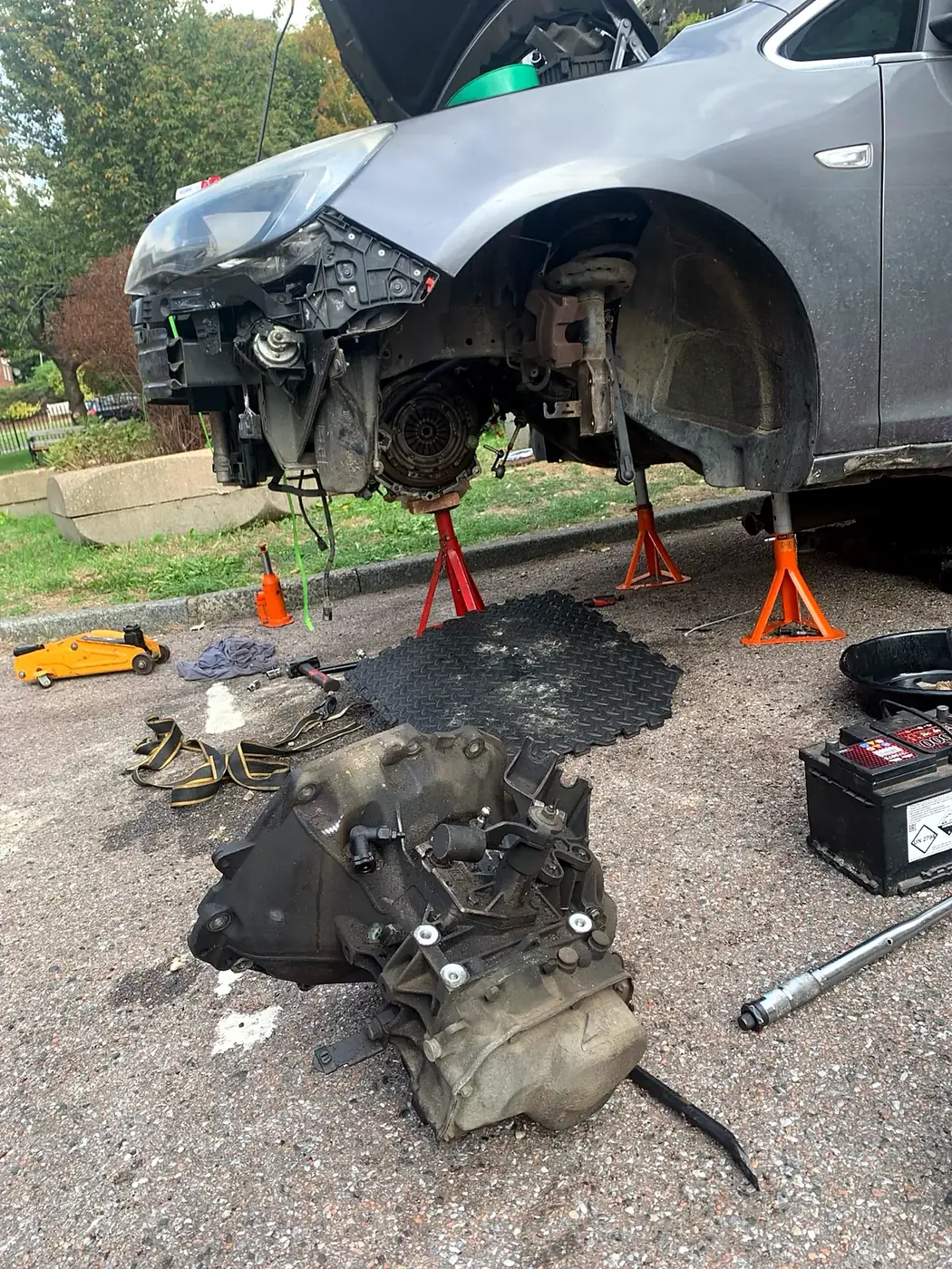Gearbox removed for a clutch replacement on a customer's driveway.